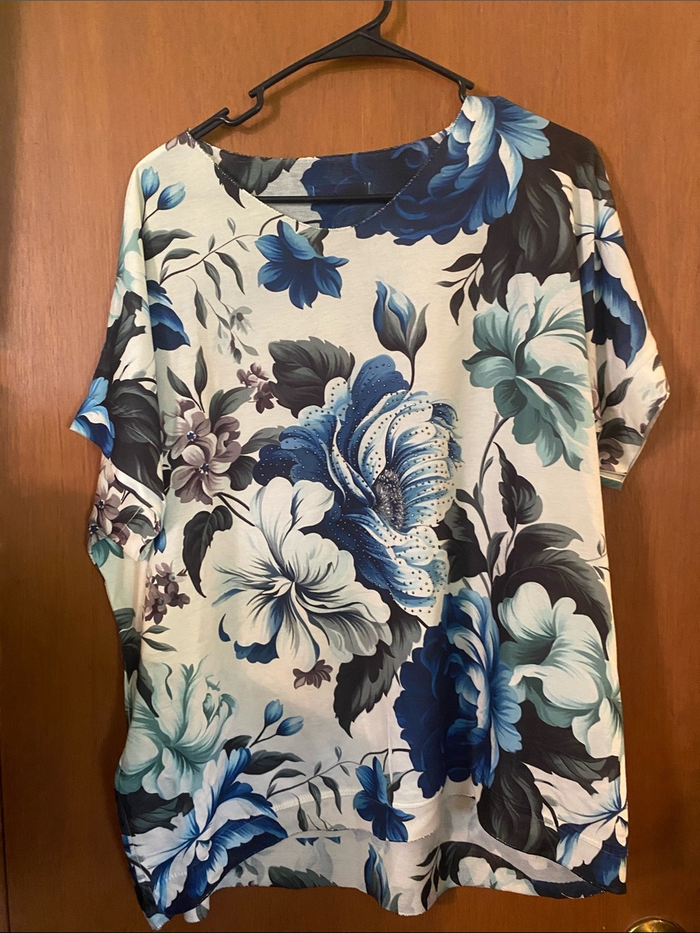 Made in Italy Women's Blue Floral Short Sleeve Tee One Size